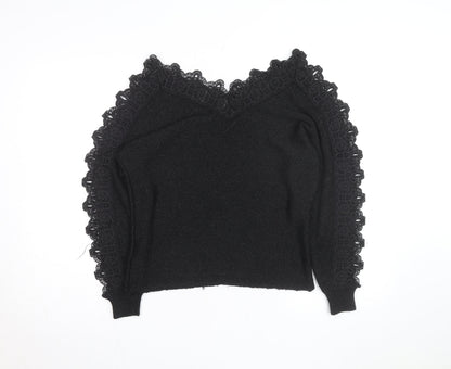 Wild Flower Women's Black V-Neck Lace Trim Knit Jumper Size M