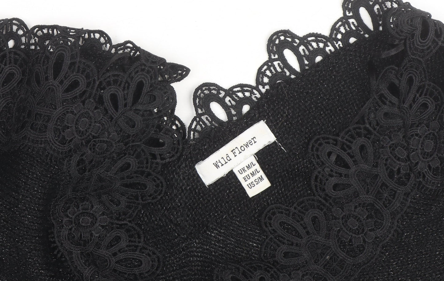 Wild Flower Women's Black V-Neck Lace Trim Knit Jumper Size M