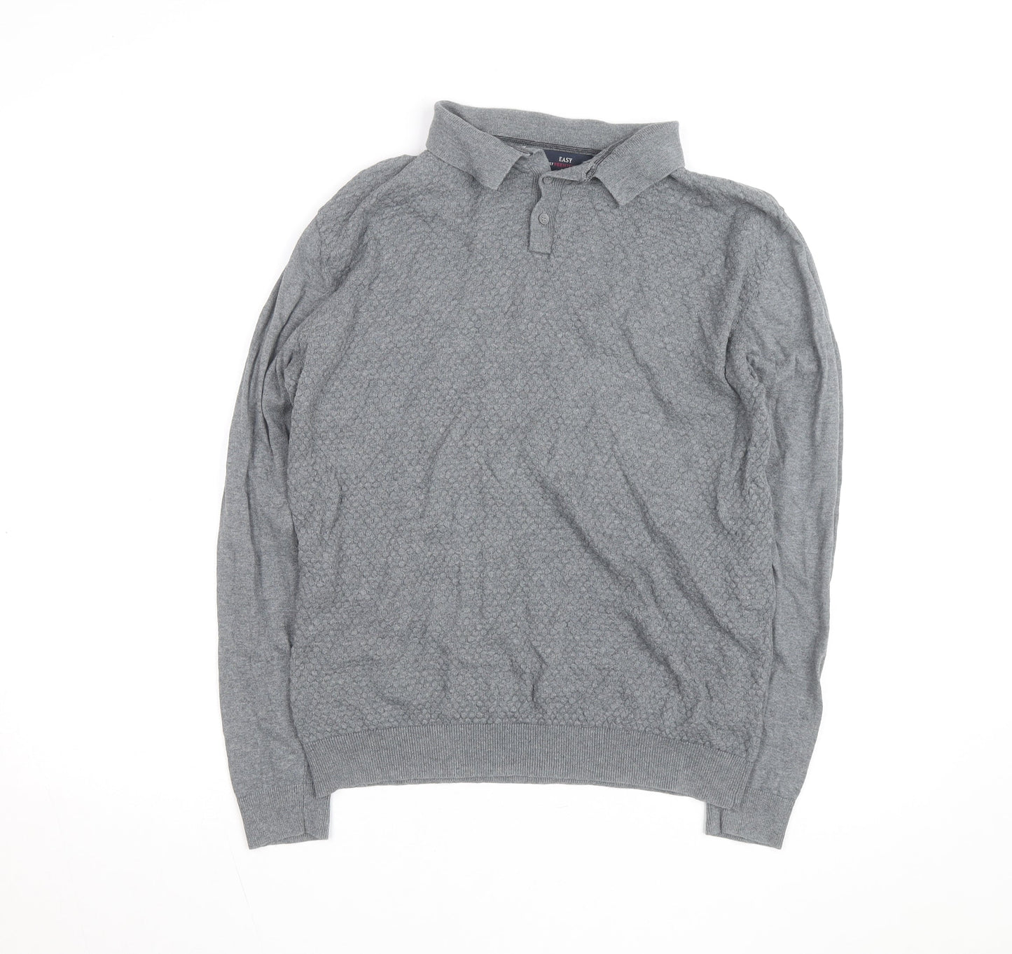 EASY Men's Grey Collared Cotton Henley Jumper Size M