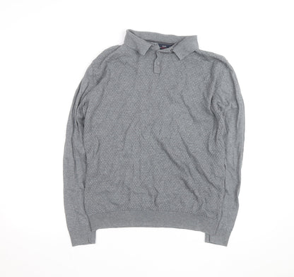 EASY Men's Grey Collared Cotton Henley Jumper Size M
