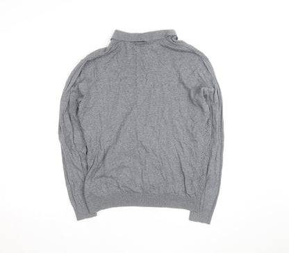 EASY Men's Grey Collared Cotton Henley Jumper Size M