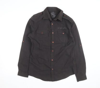 River Island Men's Black Striped Cotton Long Sleeve Button-Up Shirt M