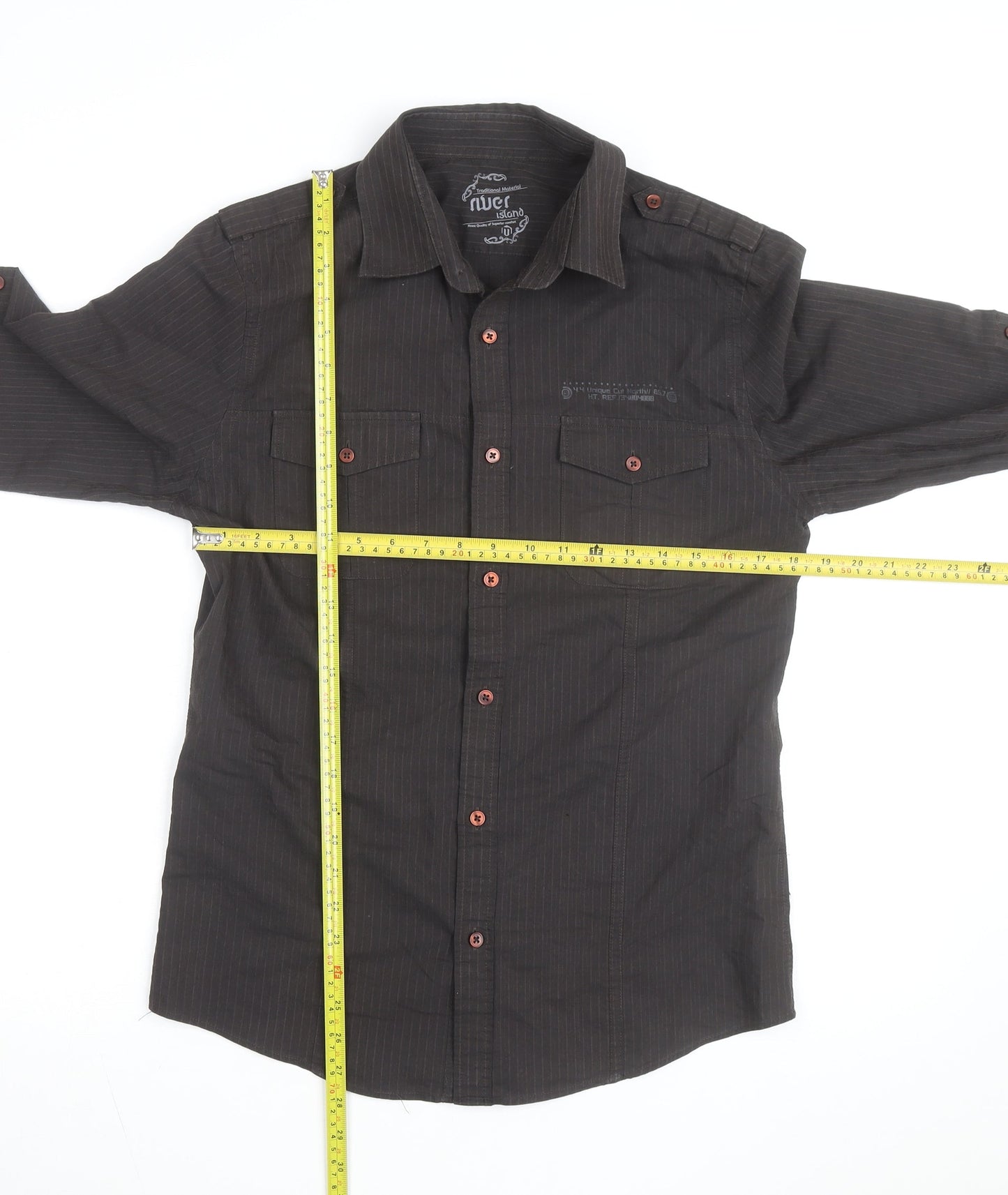 River Island Men's Black Striped Cotton Long Sleeve Button-Up Shirt M