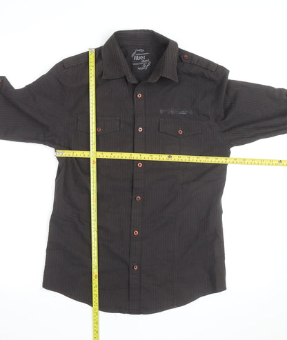 River Island Men's Black Striped Cotton Long Sleeve Button-Up Shirt M