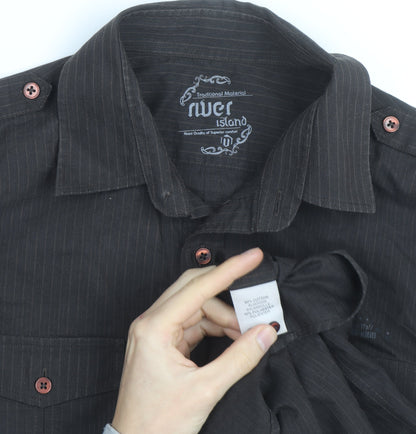 River Island Men's Black Striped Cotton Long Sleeve Button-Up Shirt M