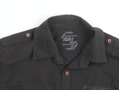 River Island Men's Black Striped Cotton Long Sleeve Button-Up Shirt M