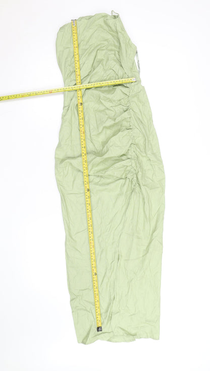 Zara Women’s Green Linen One Shoulder Ruched Midi Dress Size 8