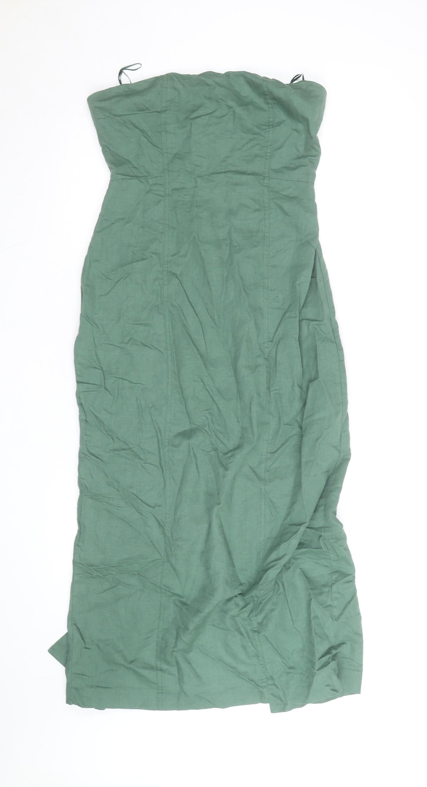 Zara Women Green Linen Blend Strapless Midi Bodycon Dress Size 10