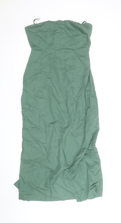 Zara Women Green Linen Blend Strapless Midi Bodycon Dress Size 10