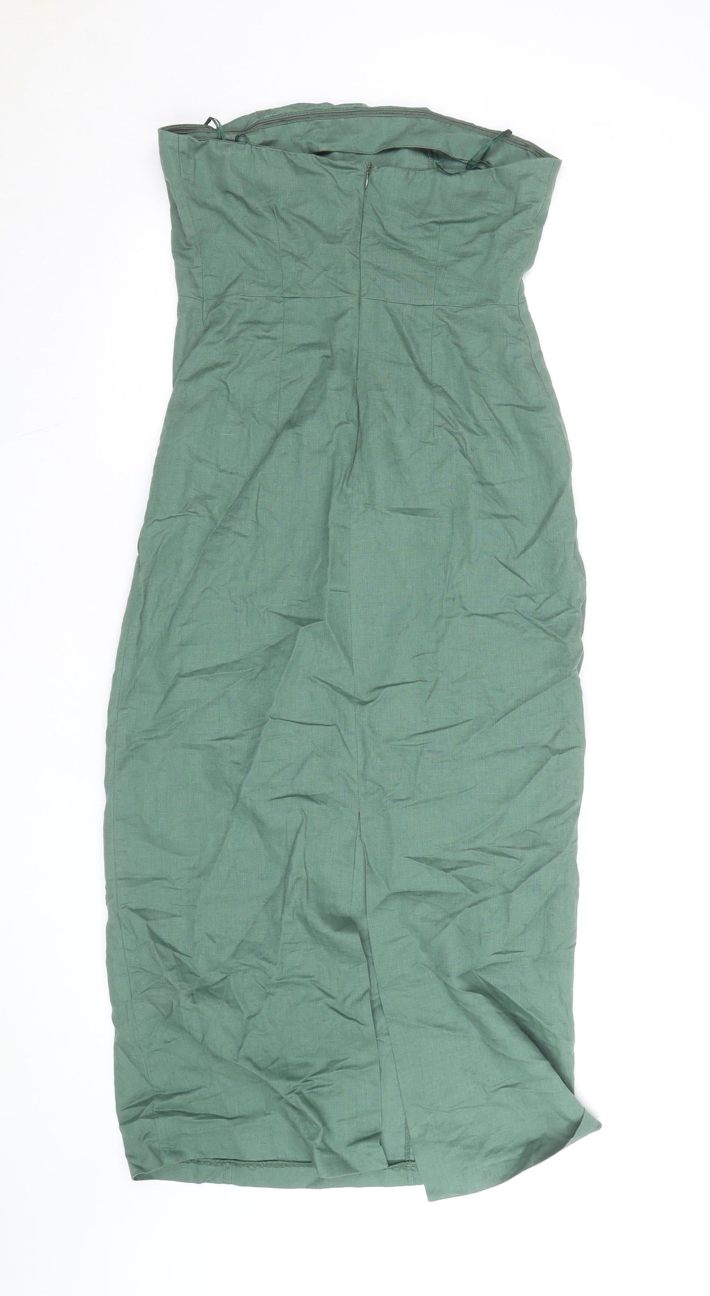 Zara Women Green Linen Blend Strapless Midi Bodycon Dress Size 10