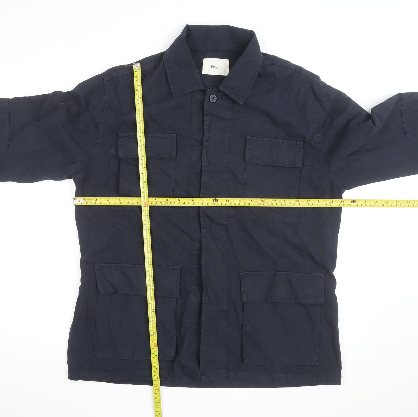 Folk Men's Blue Cotton Button-Up Casual Shirt L