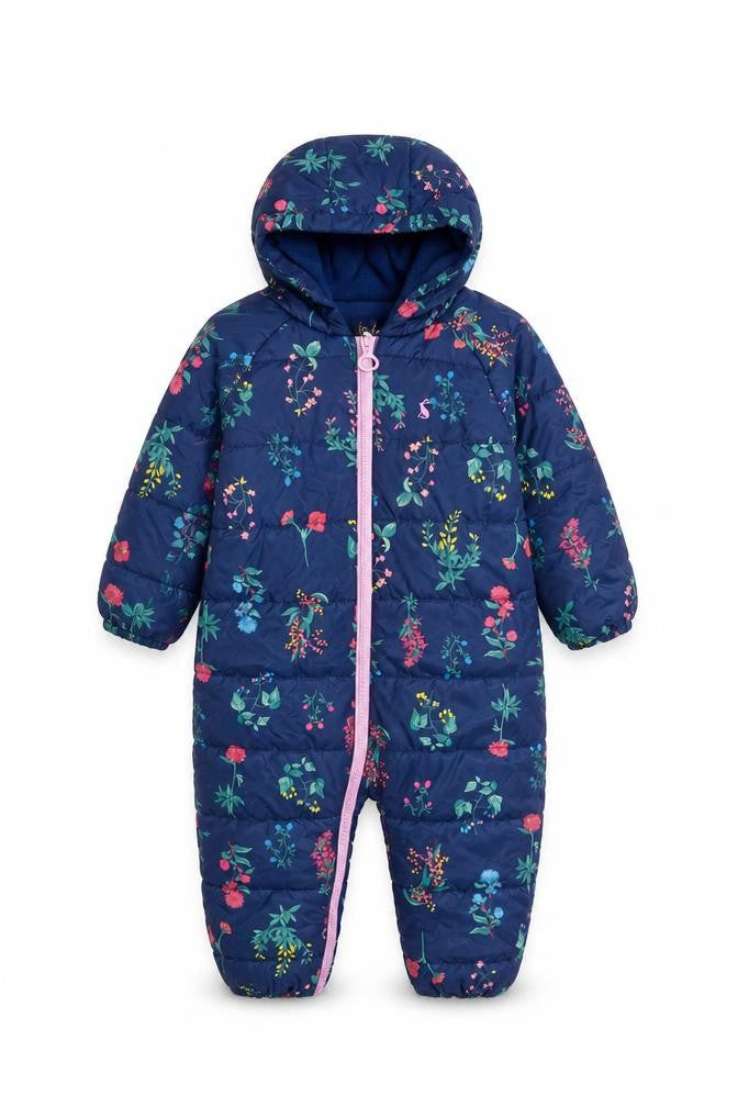Front view of Joules unisex baby navy floral hooded puffer snowsuit 12-18 months