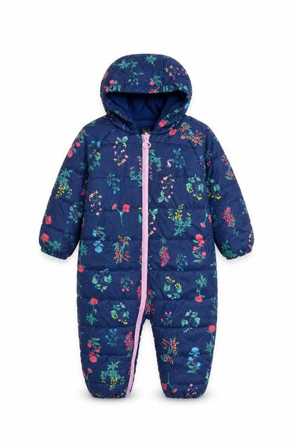 Front view of Joules unisex baby navy floral hooded puffer snowsuit 12-18 months