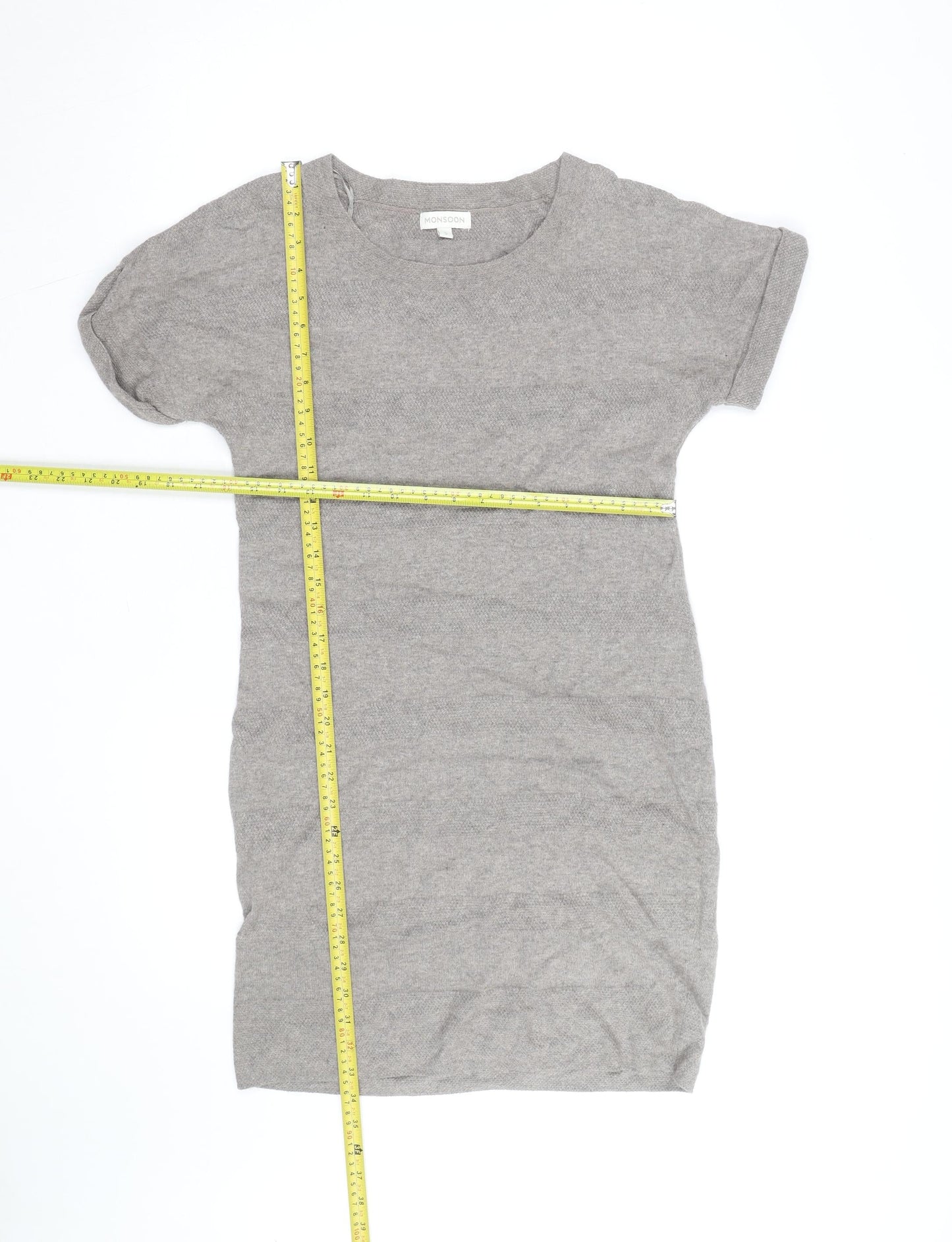 Monsoon Women Grey Knit Shift Dress Size S Short Sleeve Crew Neck