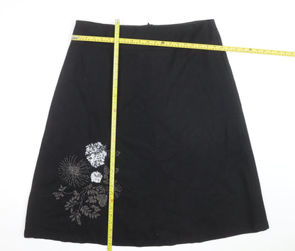 Wallis Women’s Black Embroidered Wool A-Line Knee Length Skirt Size 18
