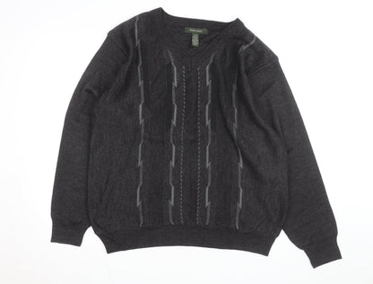 Pronto Uomo Men's Grey V-Neck Geometric Knit Wool Blend Jumper L