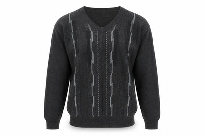 Pronto Uomo Men's Grey V-Neck Geometric Knit Wool Blend Jumper L