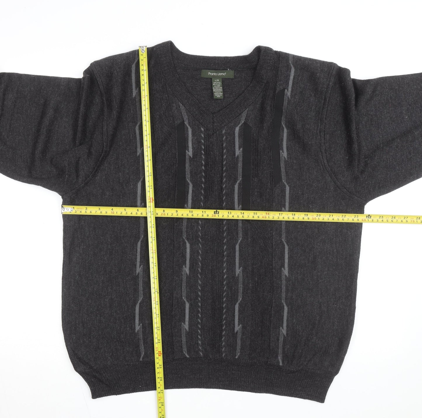Pronto Uomo Men's Grey V-Neck Geometric Knit Wool Blend Jumper L