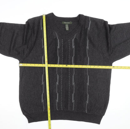 Pronto Uomo Men's Grey V-Neck Geometric Knit Wool Blend Jumper L