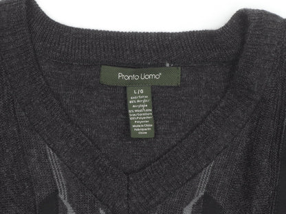Pronto Uomo Men's Grey V-Neck Geometric Knit Wool Blend Jumper L