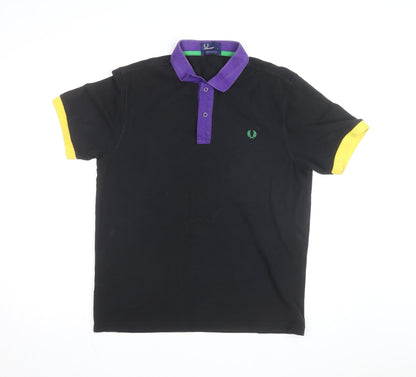 Fred Perry Men's Black Polo Shirt L - Contrast Purple Collar & Yellow Cuffs