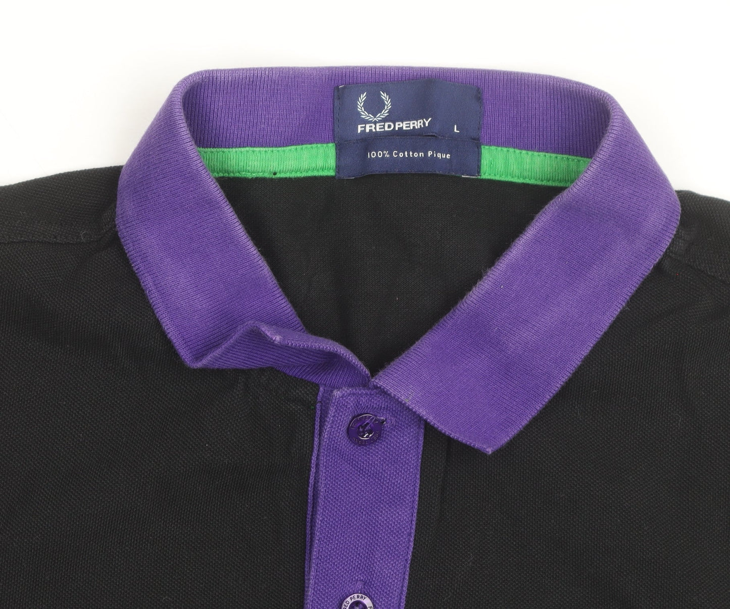 Fred Perry Men's Black Polo Shirt L - Contrast Purple Collar & Yellow Cuffs