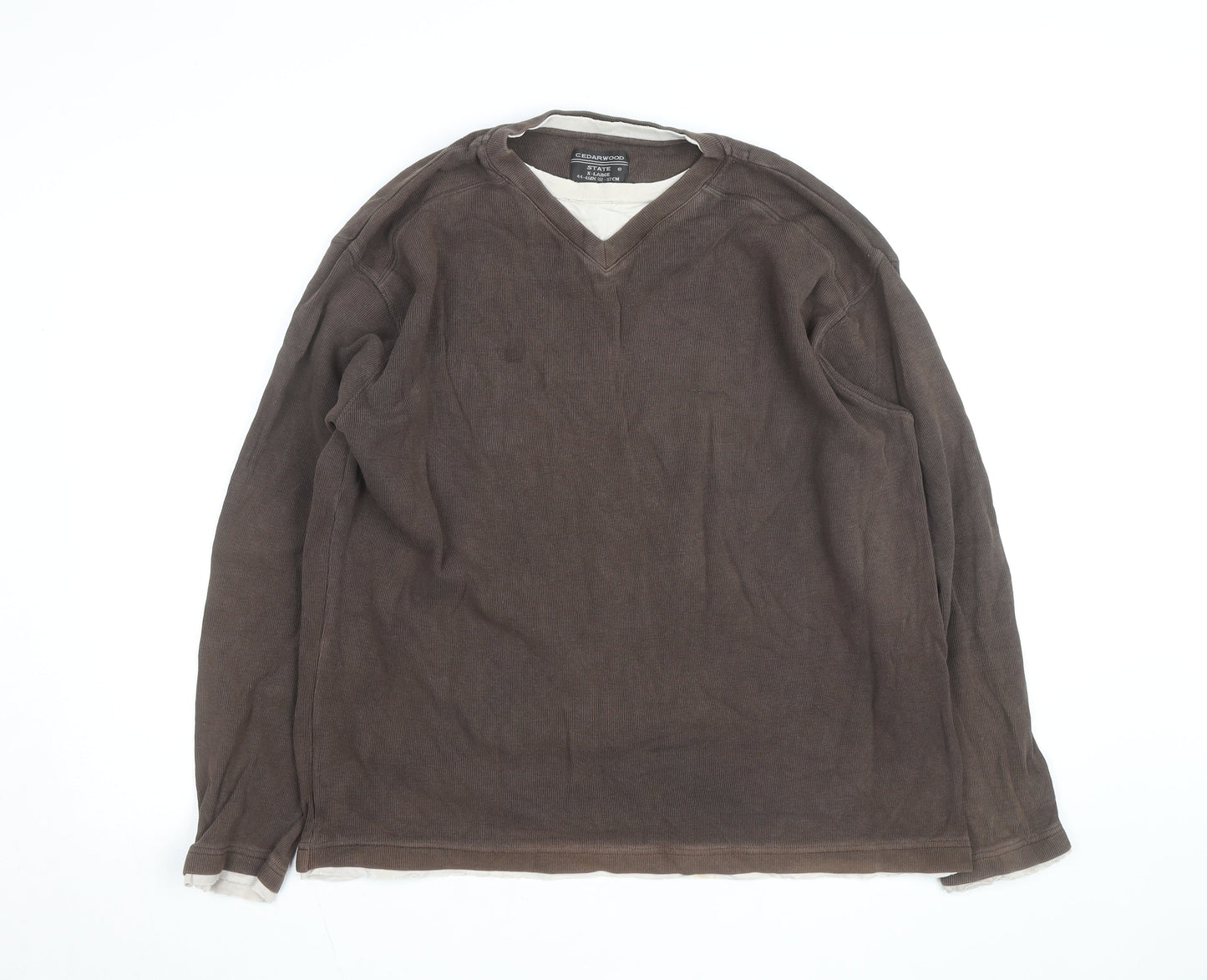 Cedarwood State Men's Brown V-Neck Cotton Pullover Jumper XL