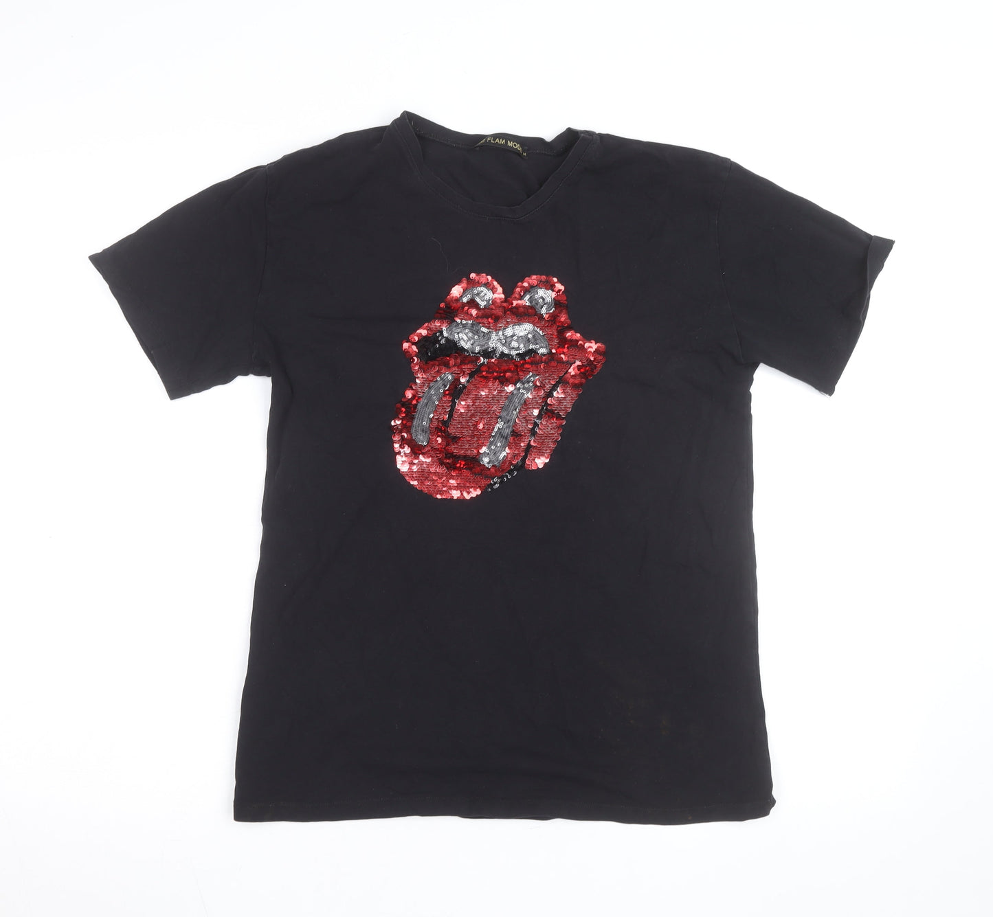 Flam Mode Men's Black Sequin Rock Graphic Cotton T-Shirt Size M