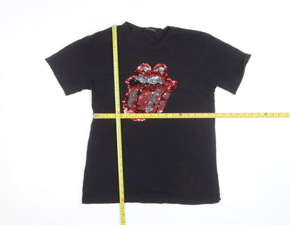 Flam Mode Men's Black Sequin Rock Graphic Cotton T-Shirt Size M