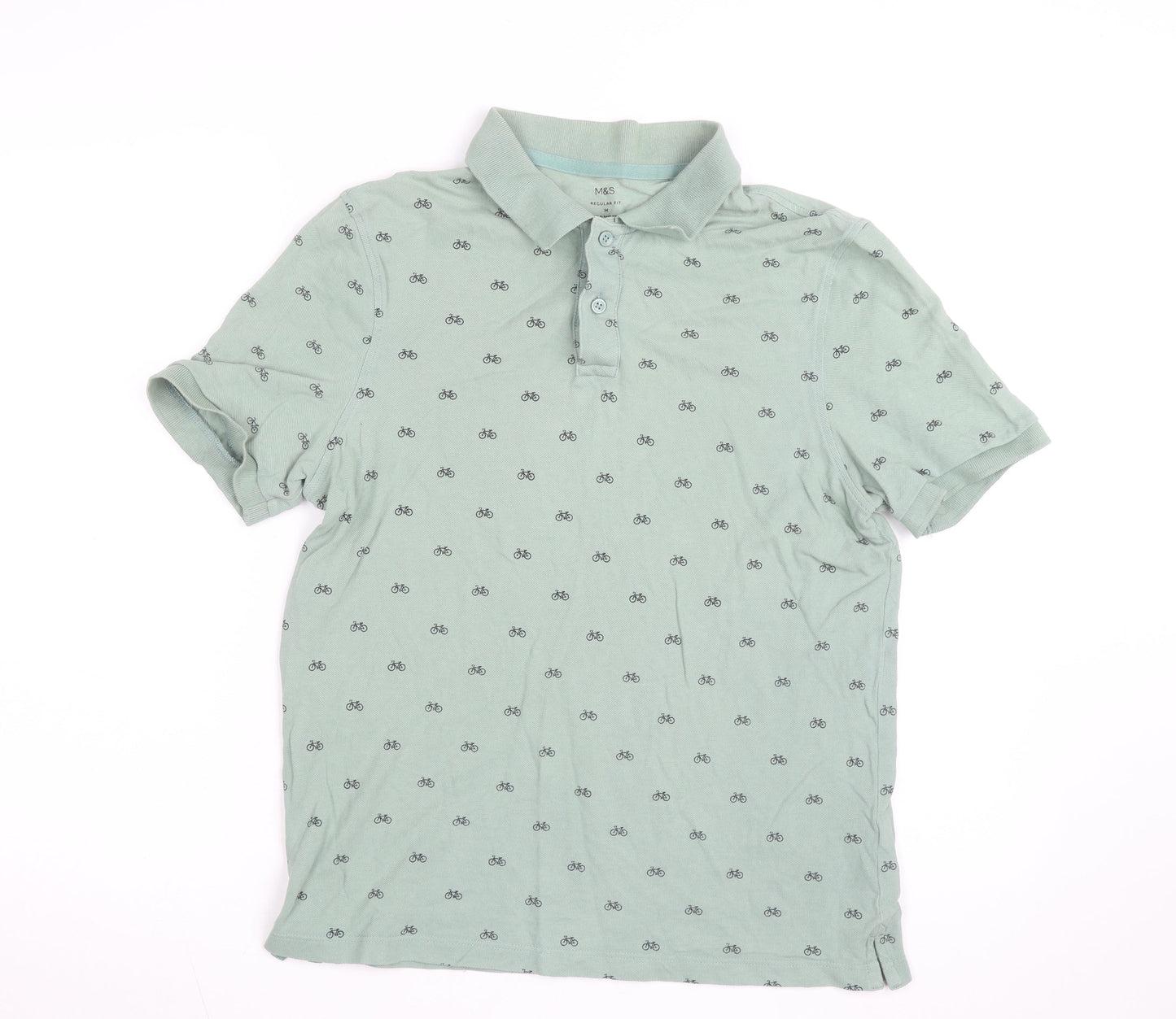 Marks and Spencer Mens Green Bicycle Print Regular Fit Polo Shirt M