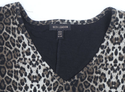 QED London Women's Brown Leopard Print V-Neck Pullover Jumper M/L