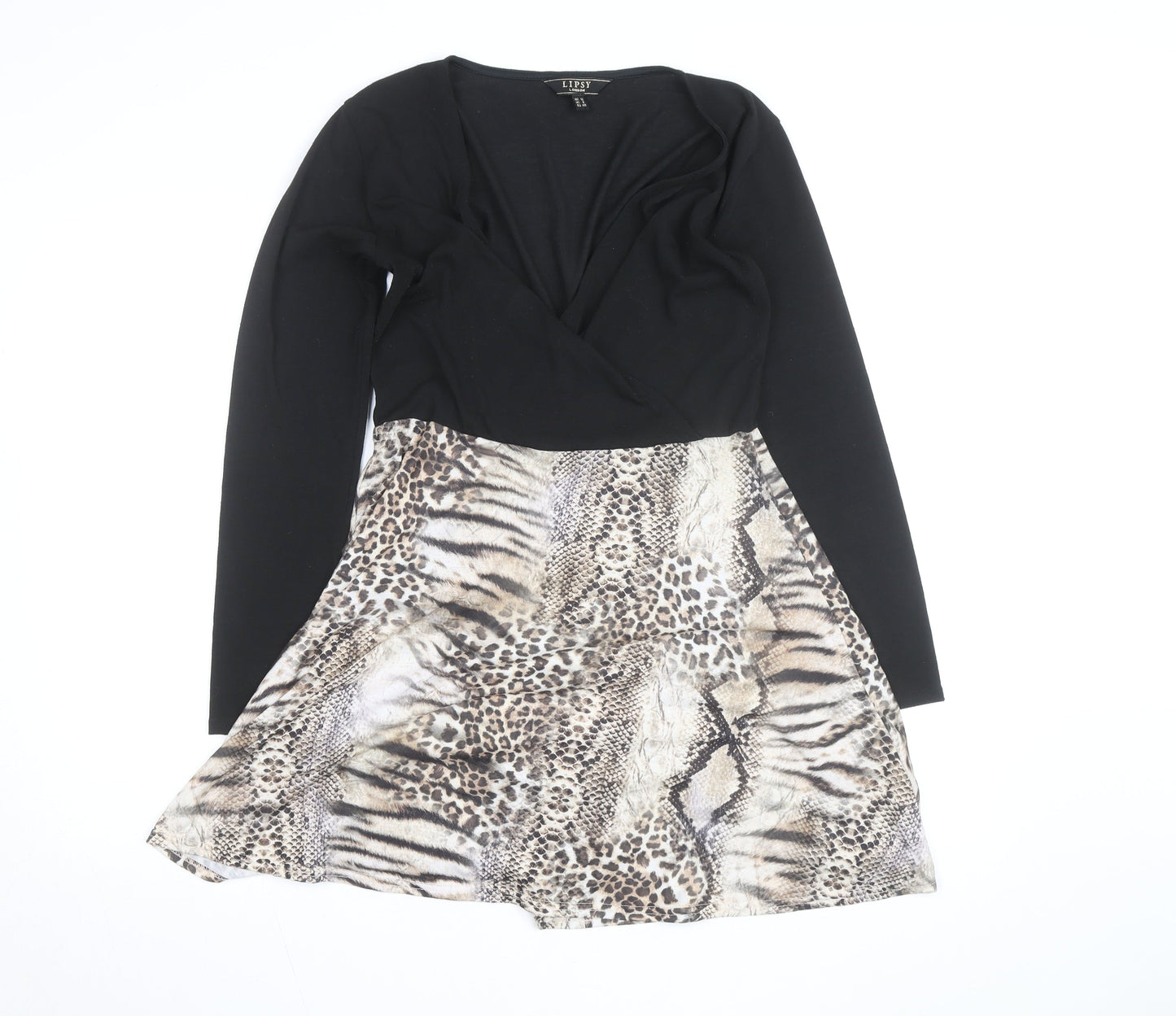 Lipsy Women Black Animal Print Fit & Flare Dress UK 12