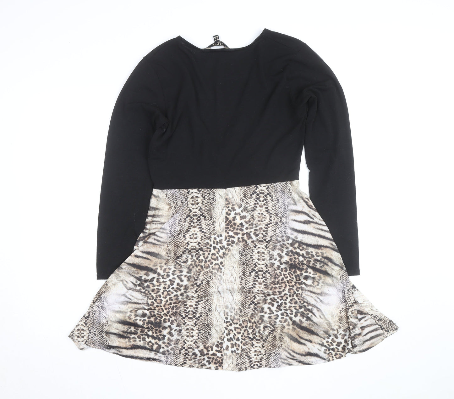 Lipsy Women Black Animal Print Fit & Flare Dress UK 12