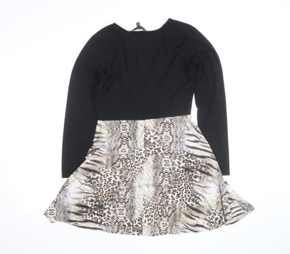 Lipsy Women Black Animal Print Fit & Flare Dress UK 12