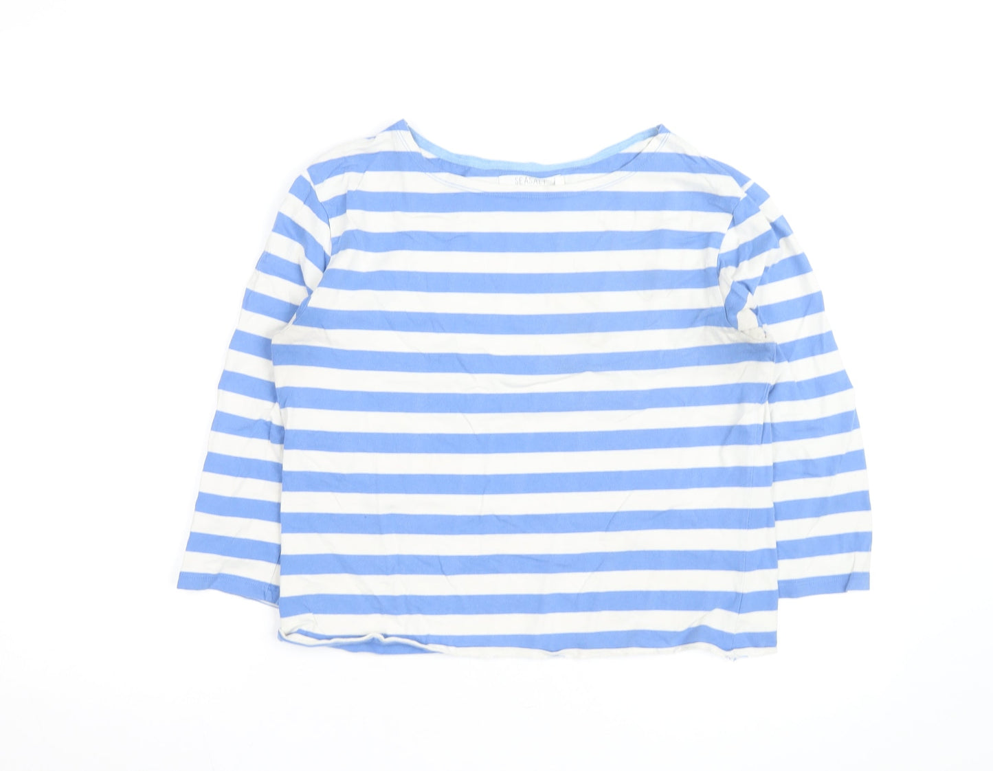 Seasalt Women Blue White Striped 3/4 Sleeve Cotton Nautical Top Size 12