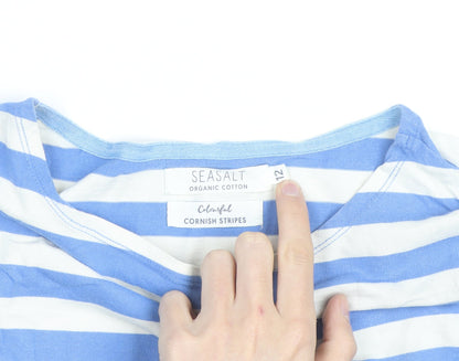Seasalt Women Blue White Striped 3/4 Sleeve Cotton Nautical Top Size 12