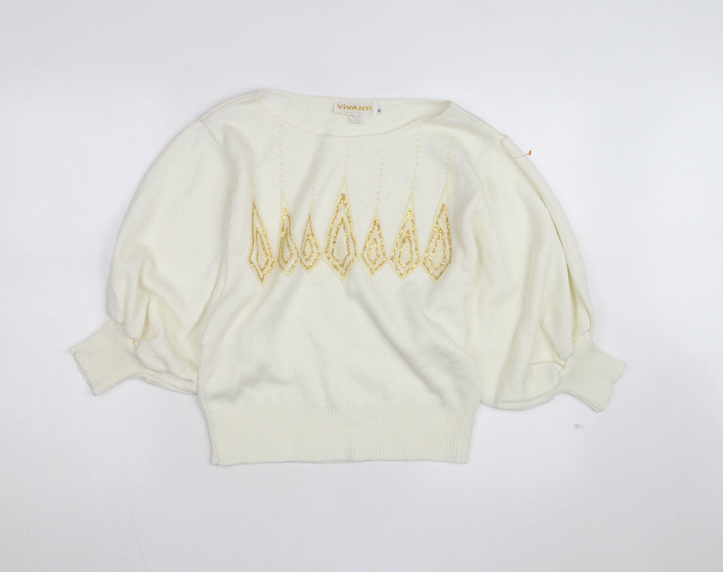 Vivanti Women Ivory Beaded Pullover Jumper Size 8 Relaxed 3/4 Sleeve