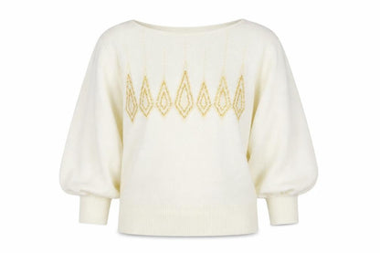 Vivanti Women Ivory Beaded Pullover Jumper Size 8 Relaxed 3/4 Sleeve