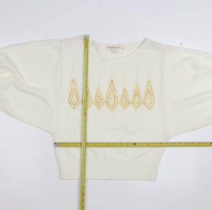 Vivanti Women Ivory Beaded Pullover Jumper Size 8 Relaxed 3/4 Sleeve