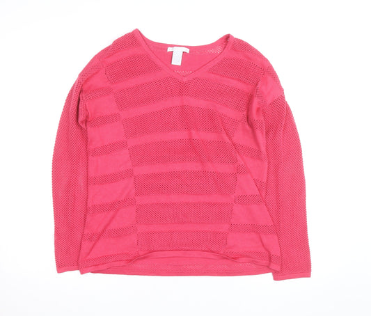 Design History Women's Pink V-Neck Open-Knit Jumper Size L