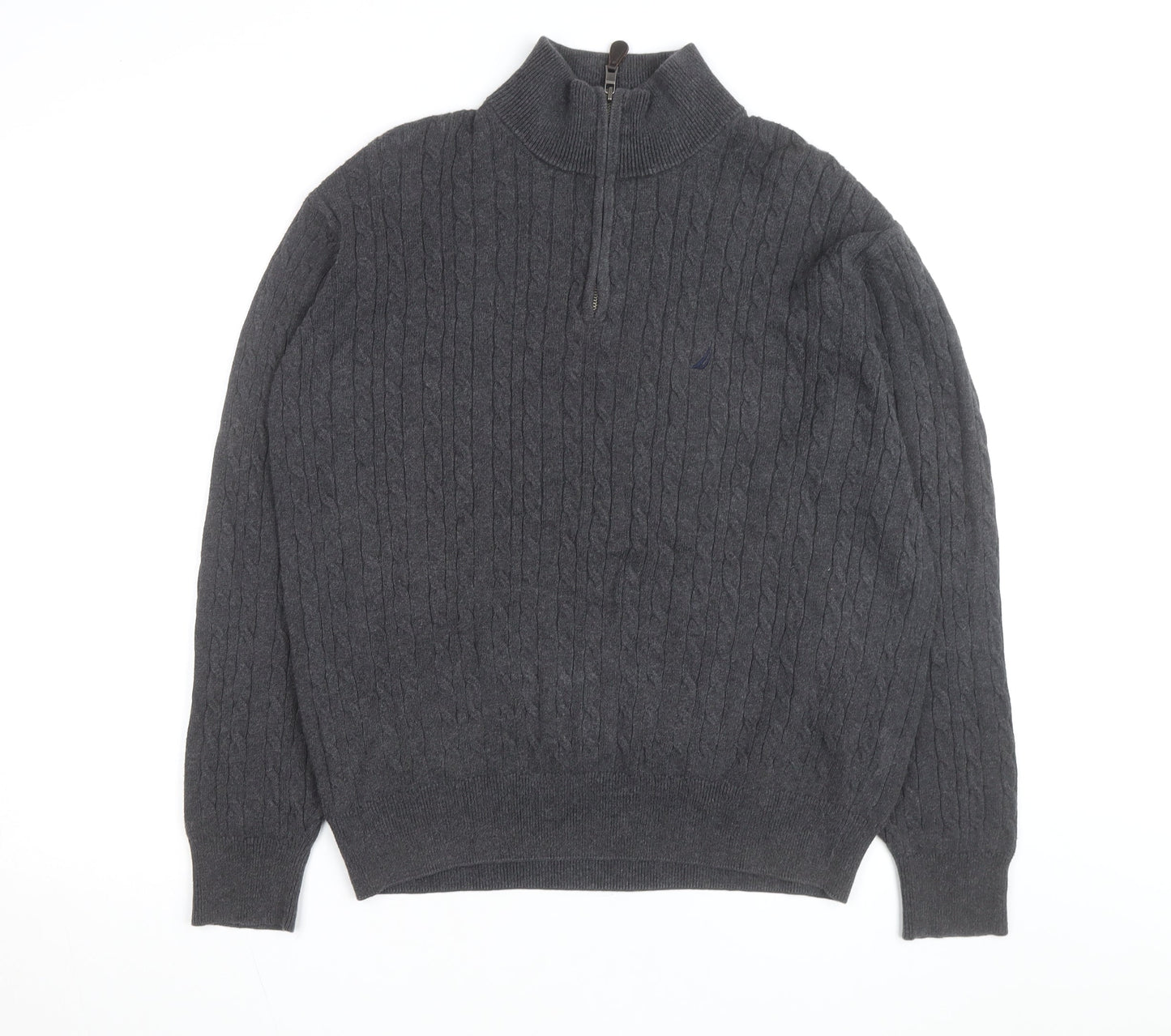 Nautica Men's Grey Cable-Knit Cotton Half Zip Jumper L