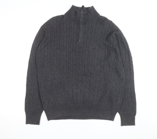 Nautica Men's Grey Cable-Knit Cotton Half Zip Jumper L