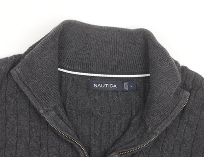Nautica Men's Grey Cable-Knit Cotton Half Zip Jumper L