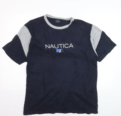 Nautica Men's Blue Grey Colourblock Crew Neck Cotton T-Shirt XL