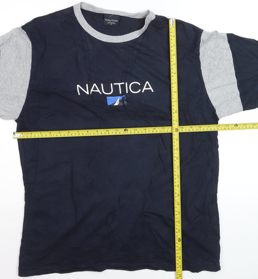 Nautica Men's Blue Grey Colourblock Crew Neck Cotton T-Shirt XL