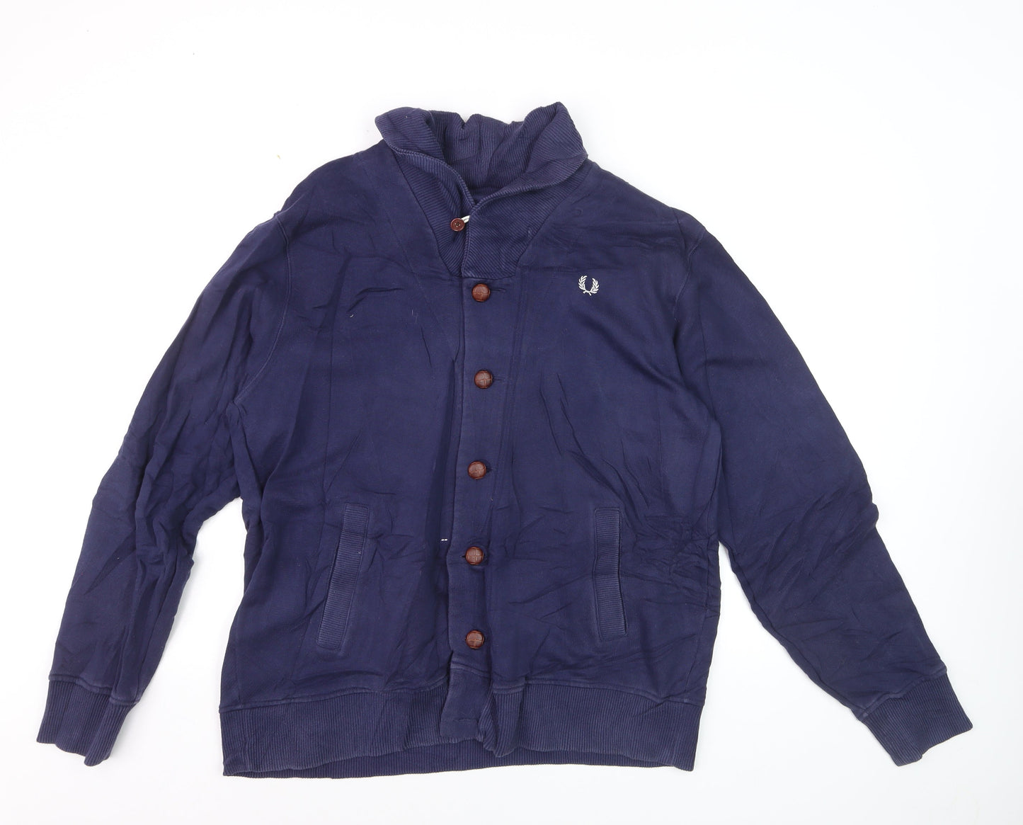 Fred Perry Men's Blue XL Button Cardigan Jumper High Neck Cotton