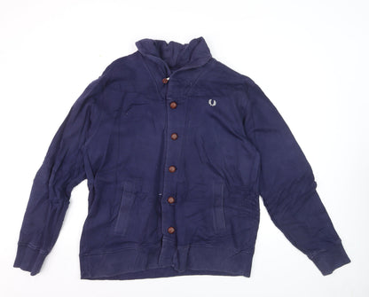Fred Perry Men's Blue XL Button Cardigan Jumper High Neck Cotton
