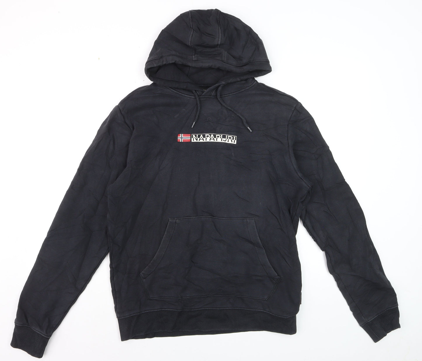 Napapijri Men Black Pullover Hoodie M Logo Graphic Cotton Fleece