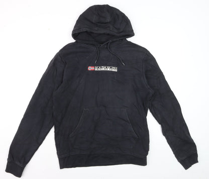 Napapijri Men Black Pullover Hoodie M Logo Graphic Cotton Fleece