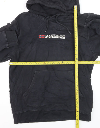 Napapijri Men Black Pullover Hoodie M Logo Graphic Cotton Fleece
